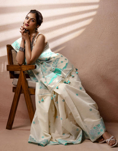 Beige Chanderi Cotton Woven Saree
