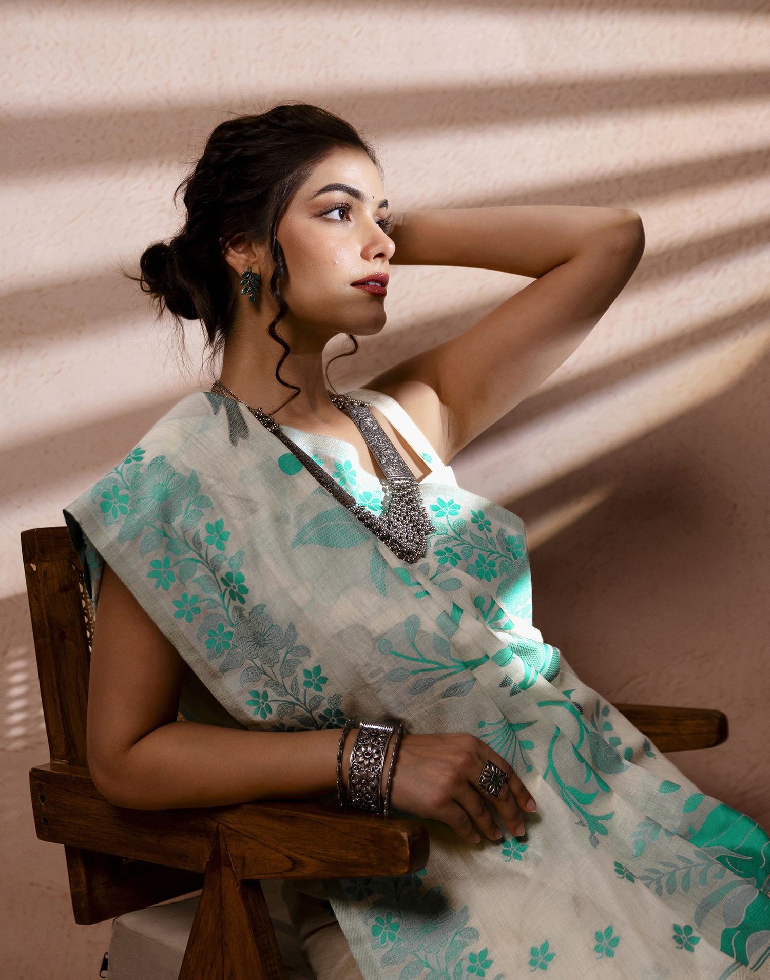 Beige Chanderi Cotton Woven Saree