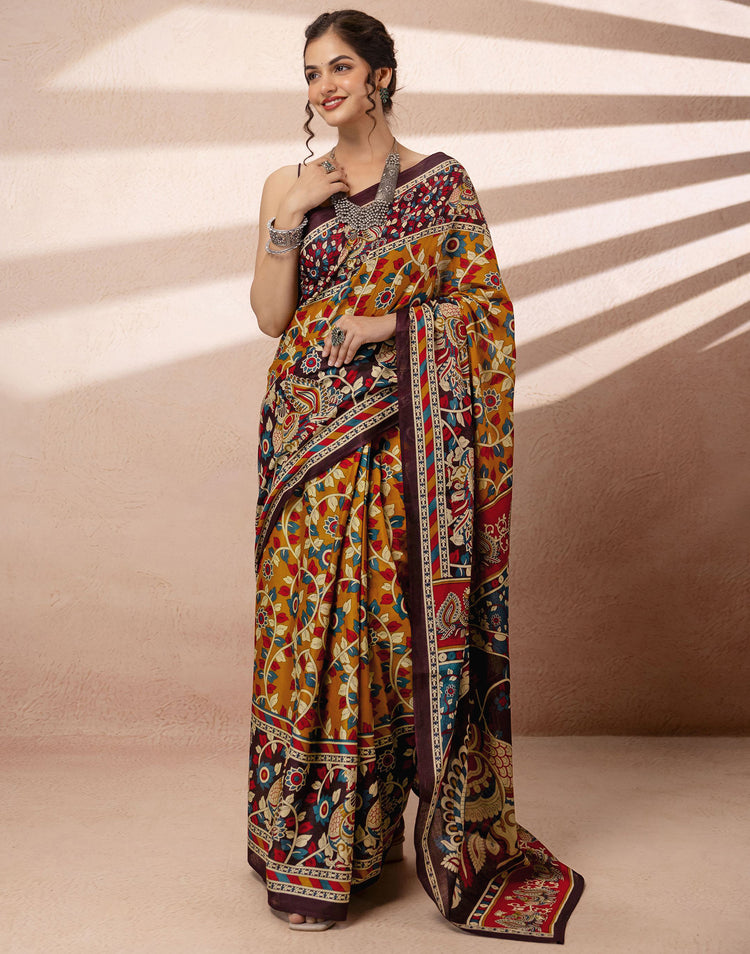 Mustard Yellow Cotton Printed Kalamkari Saree