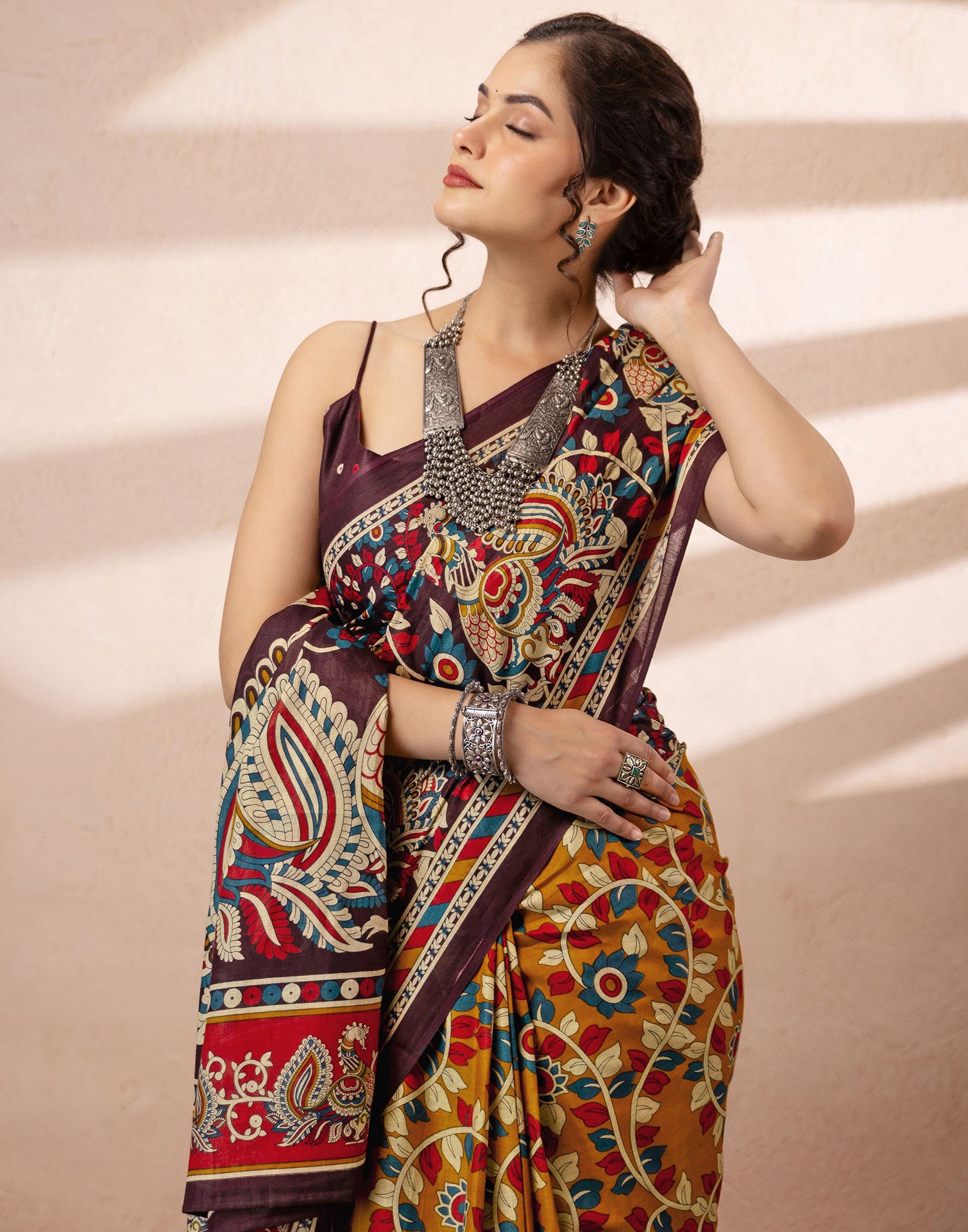 Mustard Yellow Cotton Printed Kalamkari Saree