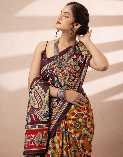 Mustard Yellow Cotton Printed Kalamkari Saree