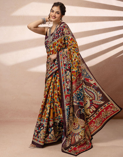 Mustard Yellow Cotton Printed Kalamkari Saree