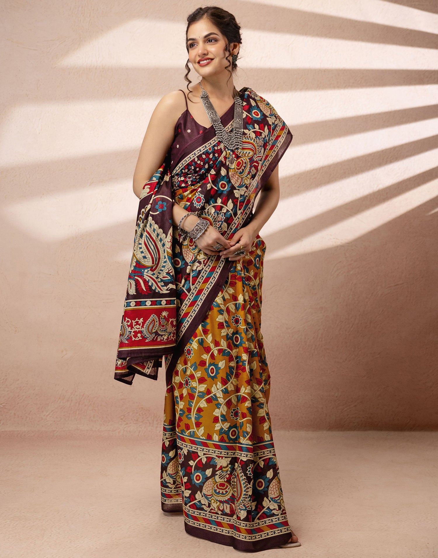 Mustard Yellow Cotton Printed Kalamkari Saree