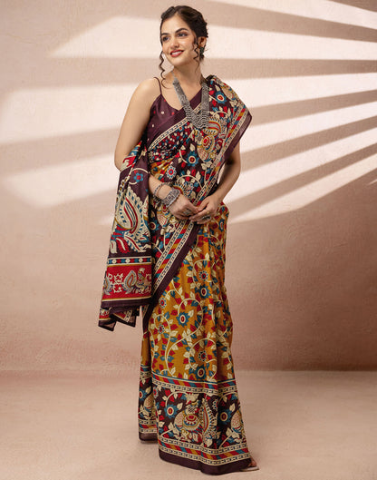 Mustard Yellow Cotton Printed Kalamkari Saree