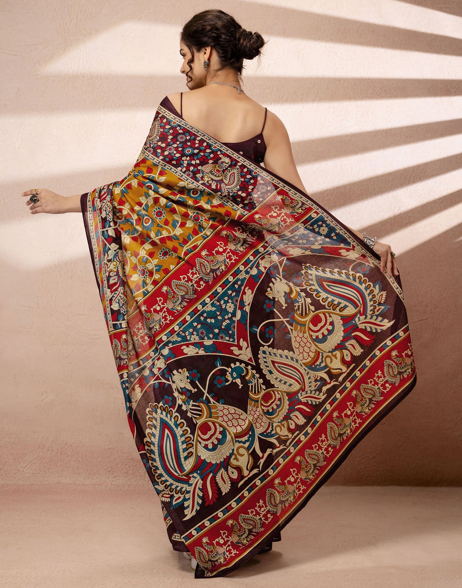 Mustard Yellow Cotton Printed Kalamkari Saree