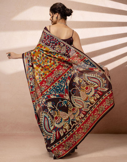 Mustard Yellow Cotton Printed Kalamkari Saree