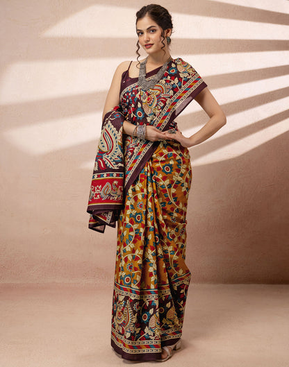 Mustard Yellow Cotton Printed Kalamkari Saree