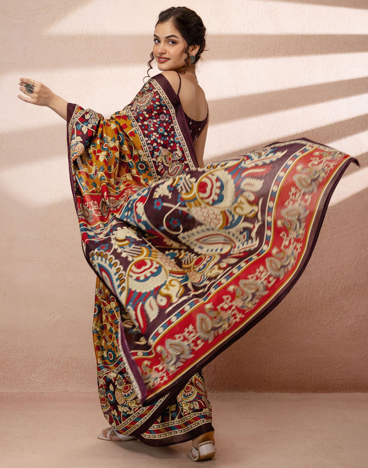 Mustard Yellow Cotton Printed Kalamkari Saree
