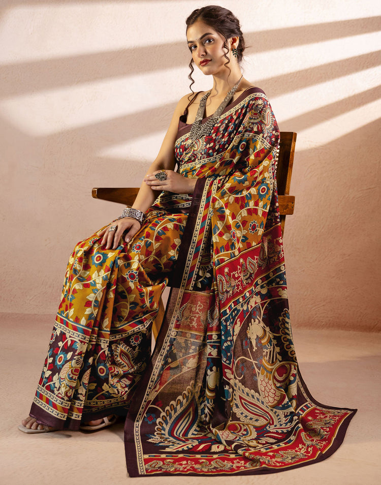 Mustard Yellow Cotton Printed Kalamkari Saree
