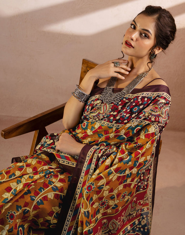 Mustard Yellow Cotton Printed Kalamkari Saree