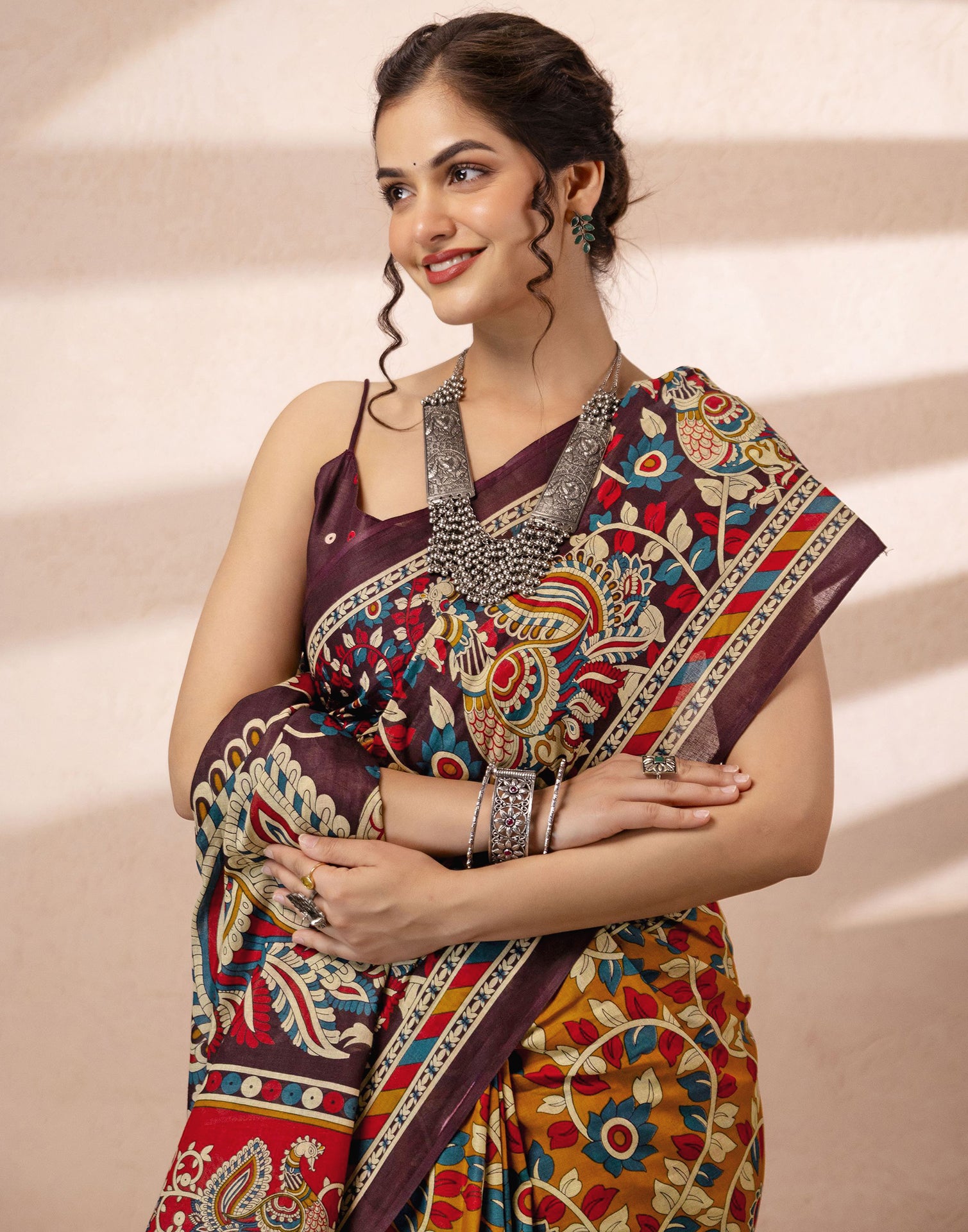 Mustard Yellow Cotton Printed Kalamkari Saree