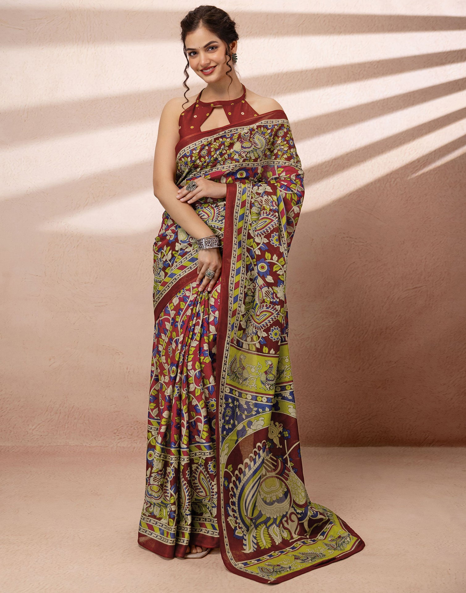 Dark Pink Cotton Printed Kalamkari Saree