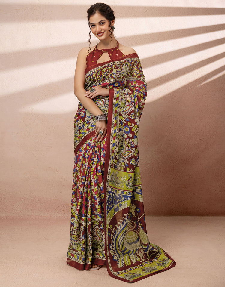Dark Pink Cotton Printed Kalamkari Saree
