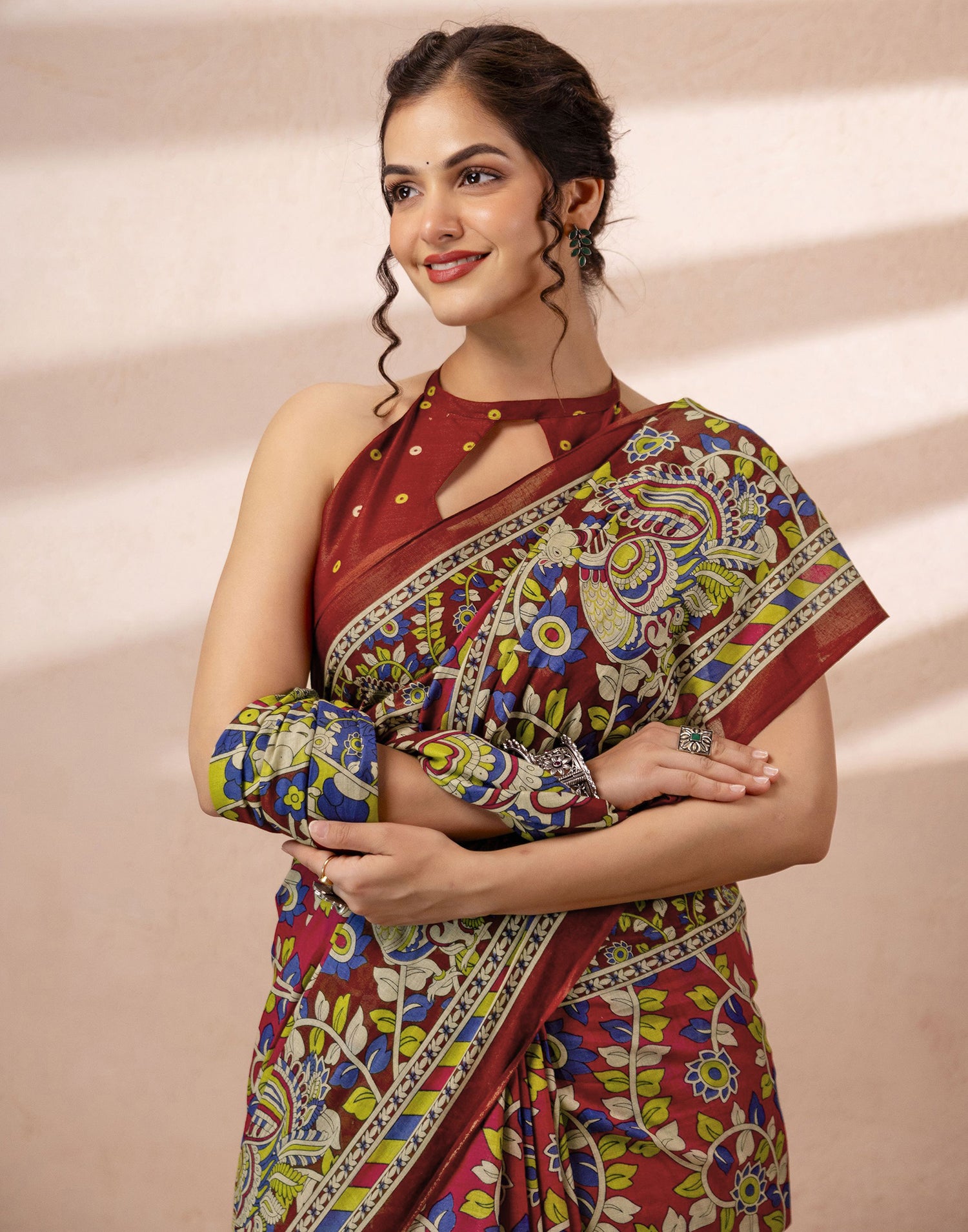 Dark Pink Cotton Printed Kalamkari Saree