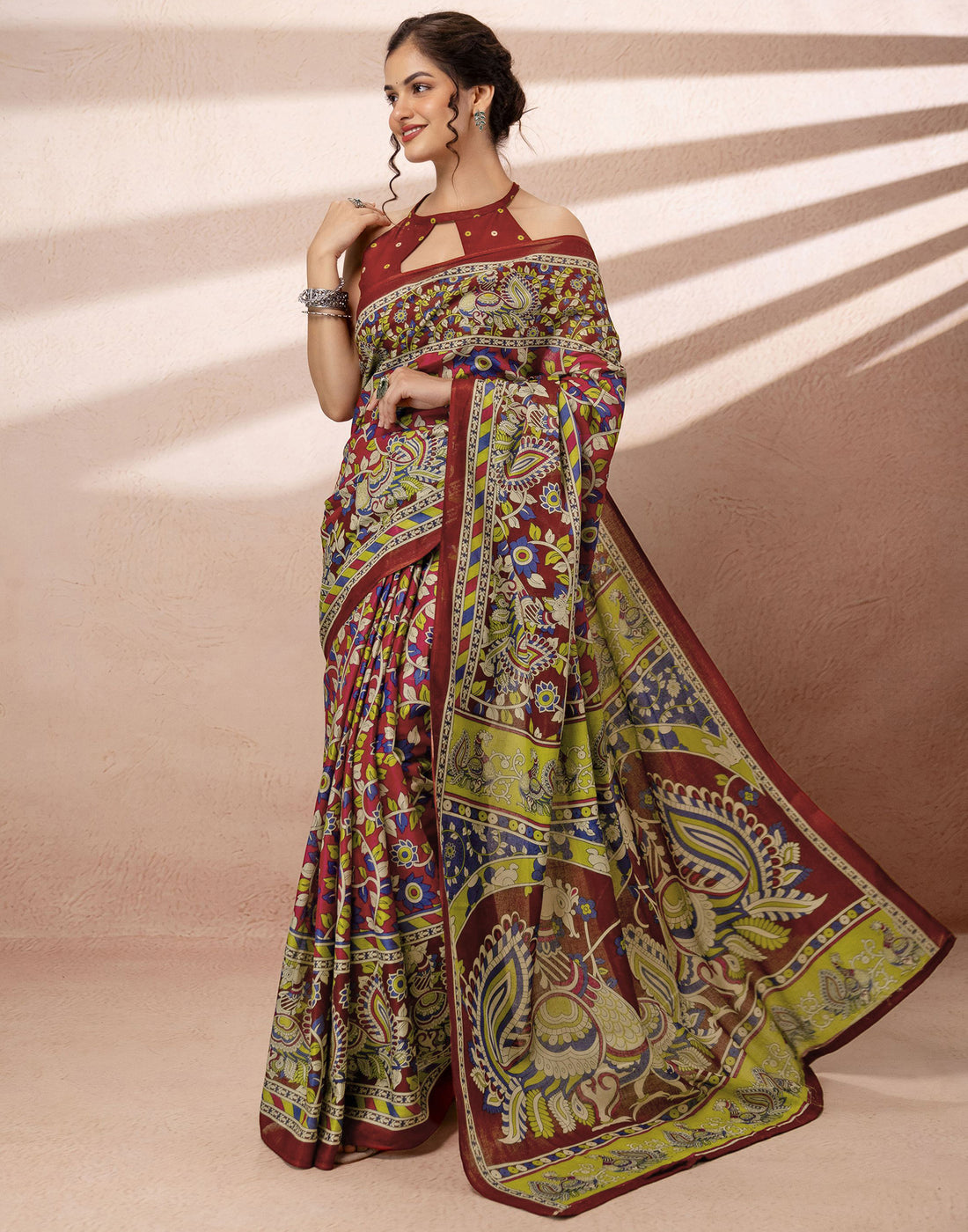 Dark Pink Cotton Printed Kalamkari Saree