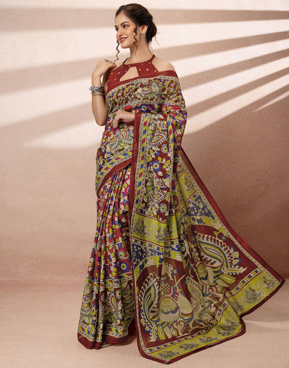 Dark Pink Cotton Printed Kalamkari Saree