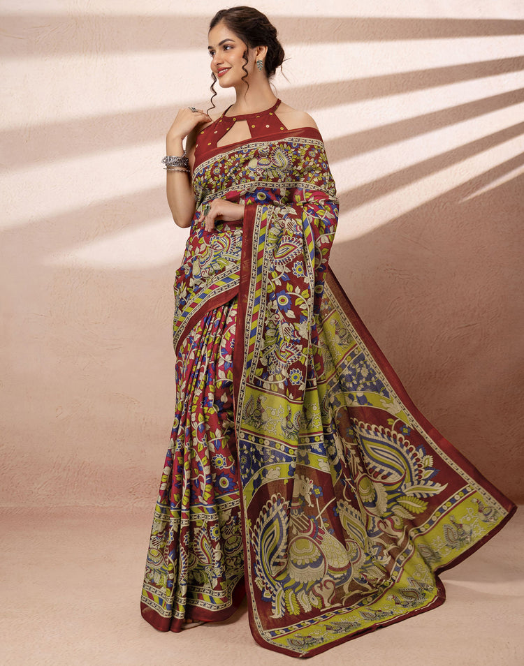 Dark Pink Cotton Printed Kalamkari Saree