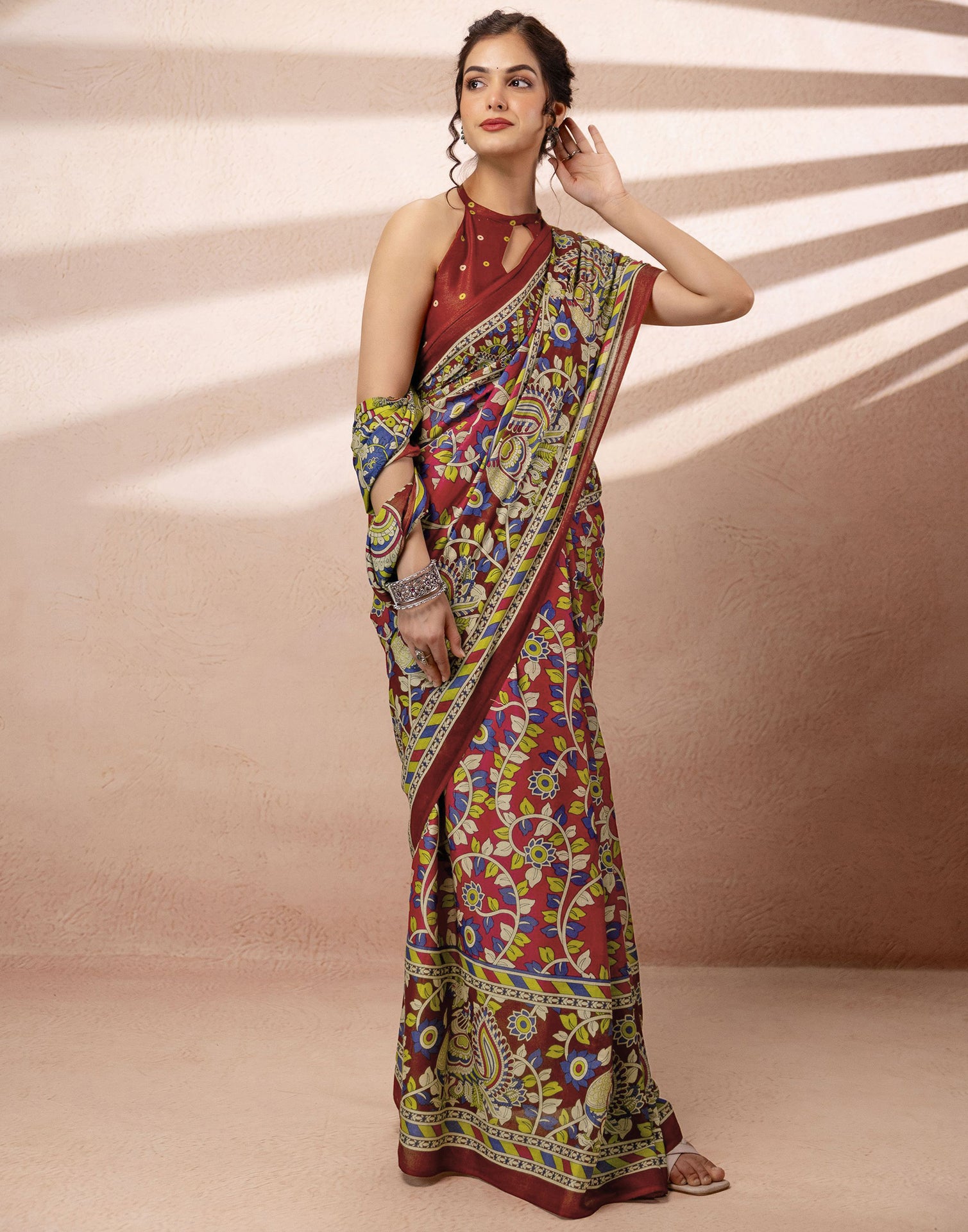 Dark Pink Cotton Printed Kalamkari Saree
