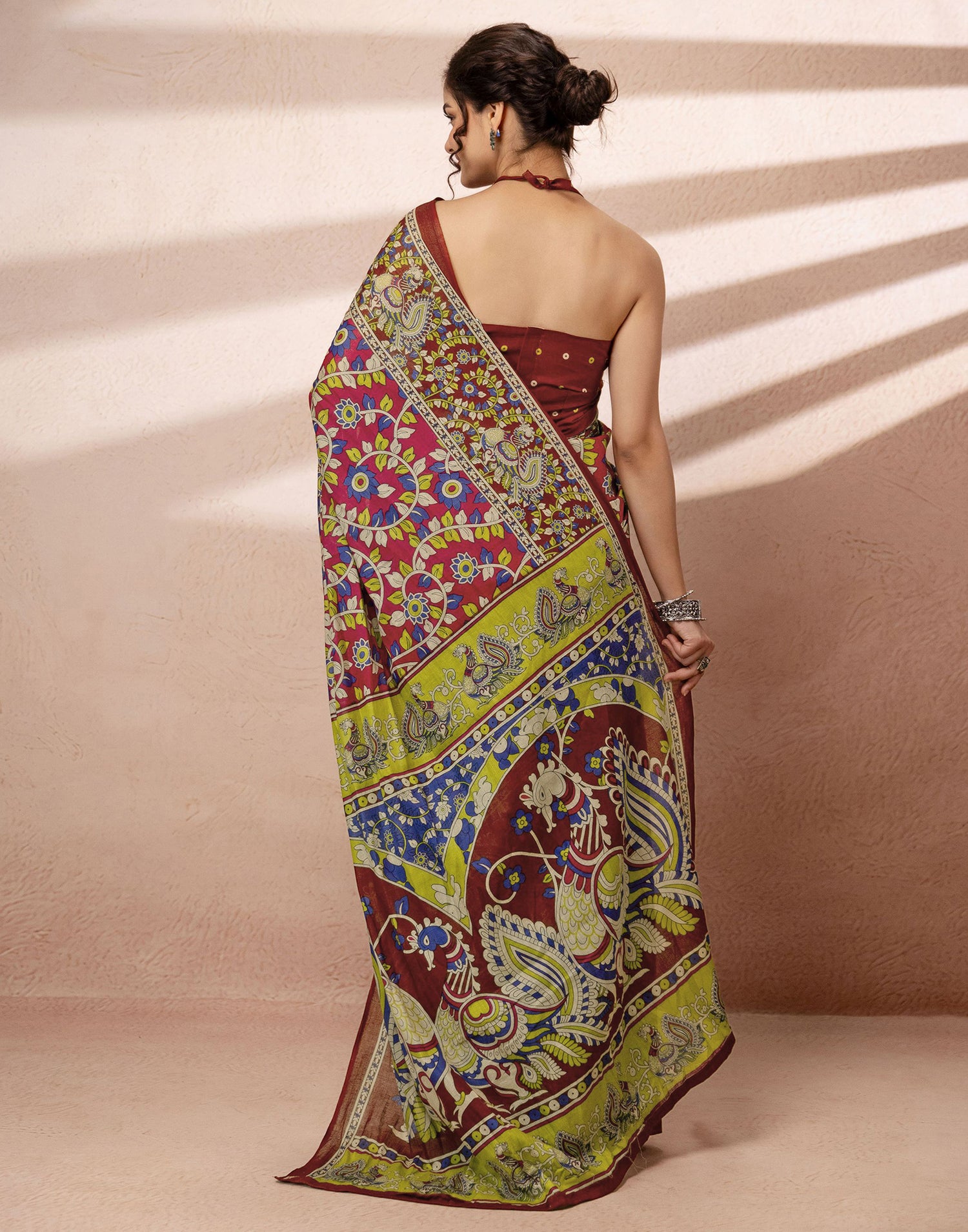 Dark Pink Cotton Printed Kalamkari Saree