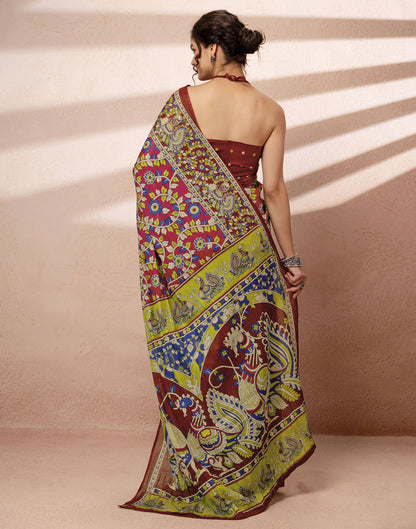 Dark Pink Cotton Printed Kalamkari Saree