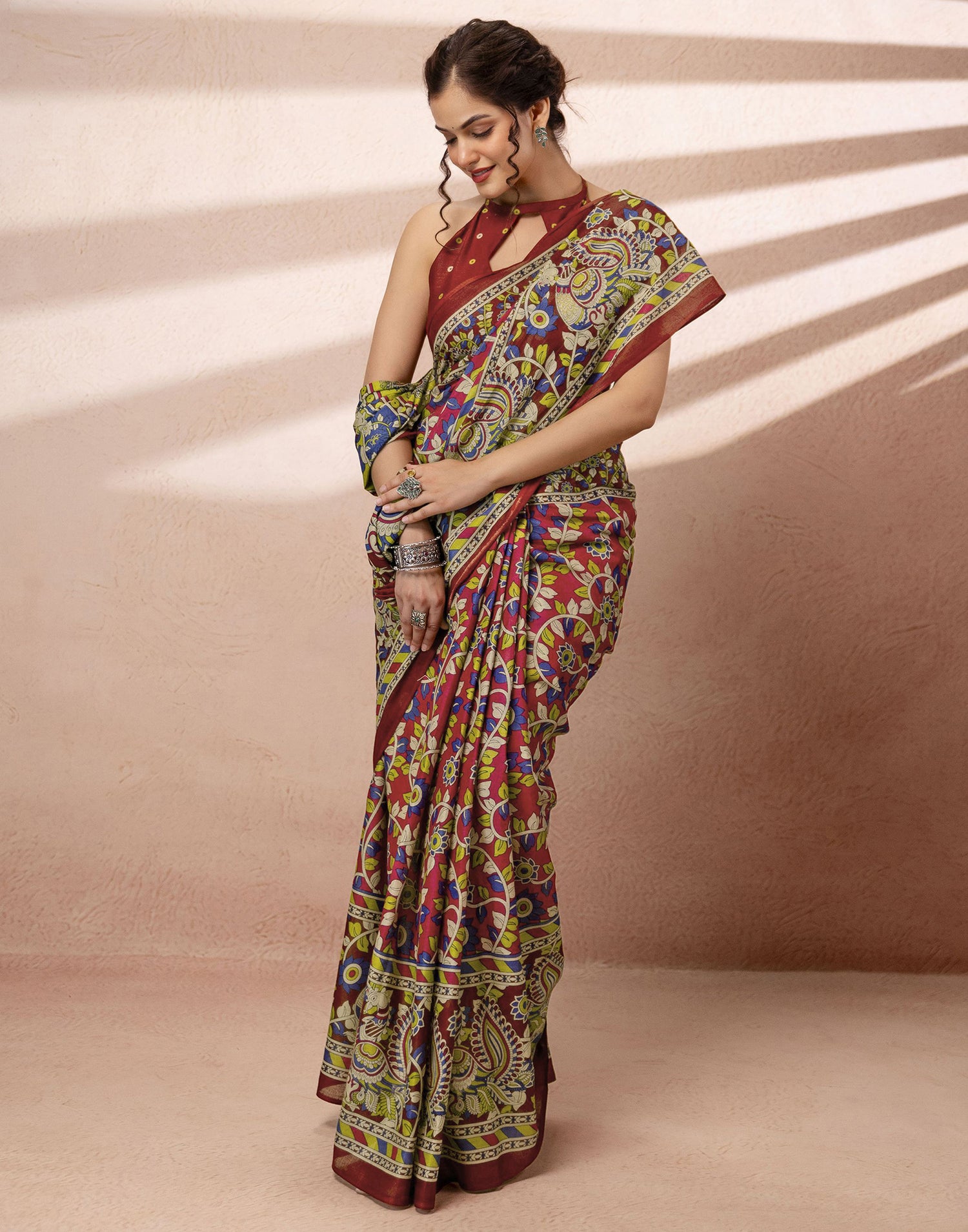Dark Pink Cotton Printed Kalamkari Saree