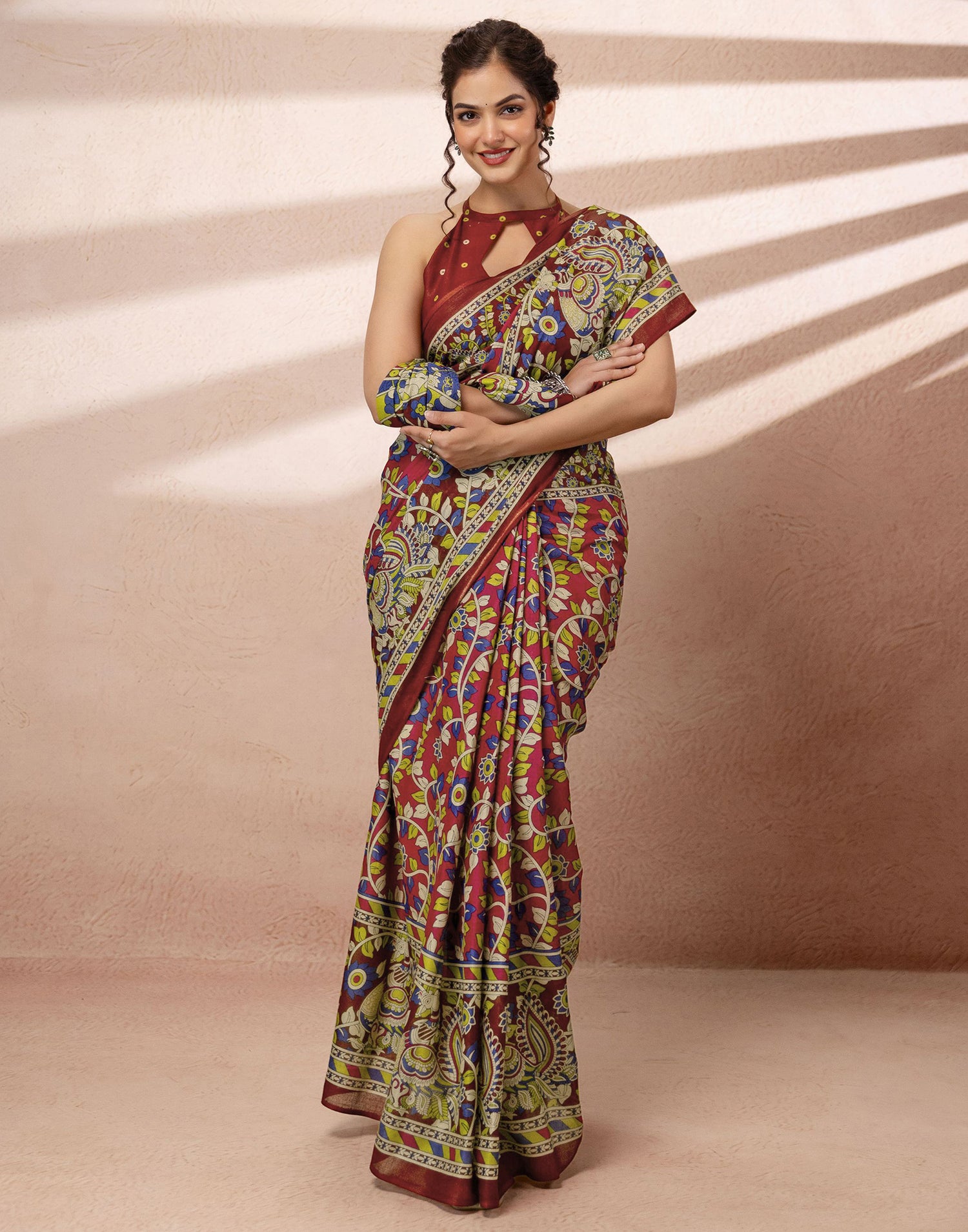 Dark Pink Cotton Printed Kalamkari Saree