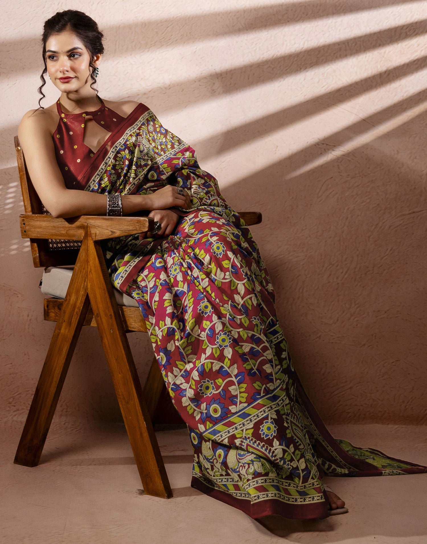 Dark Pink Cotton Printed Kalamkari Saree