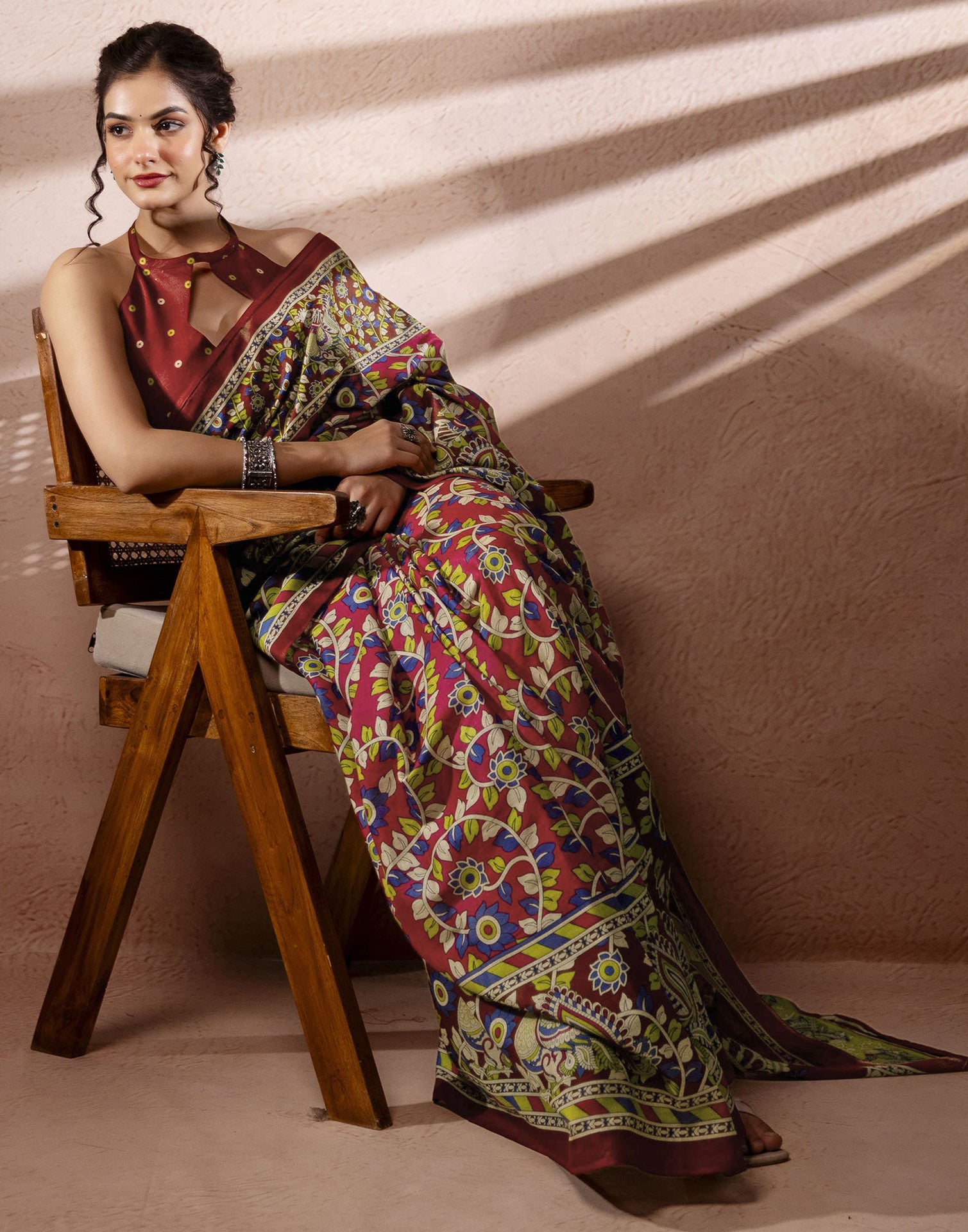 Dark Pink Cotton Printed Kalamkari Saree
