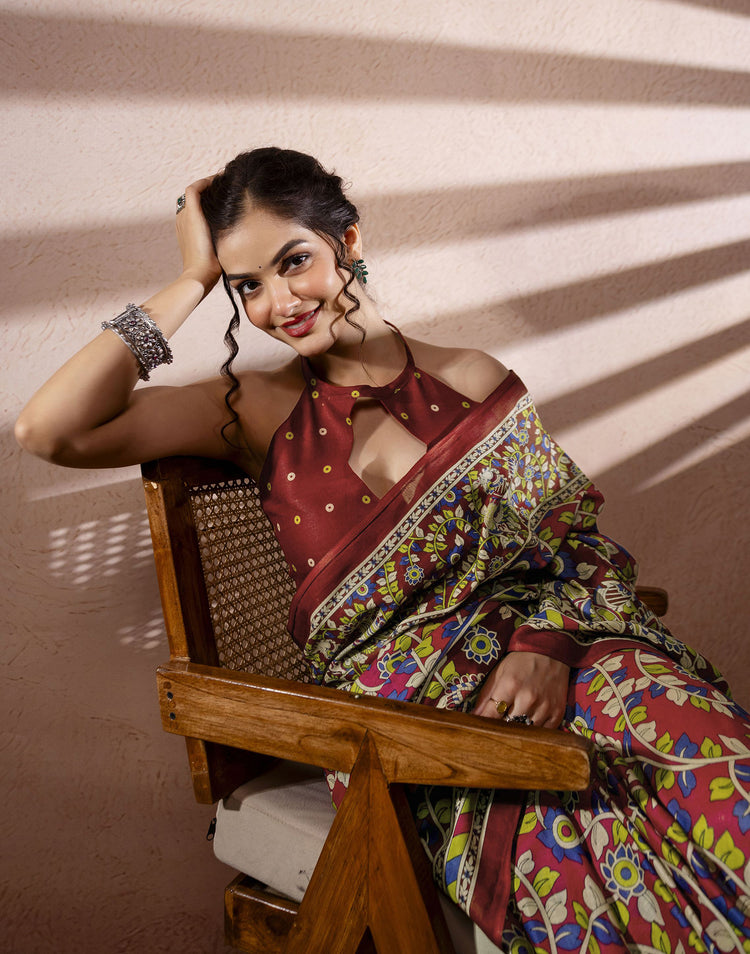 Dark Pink Cotton Printed Kalamkari Saree