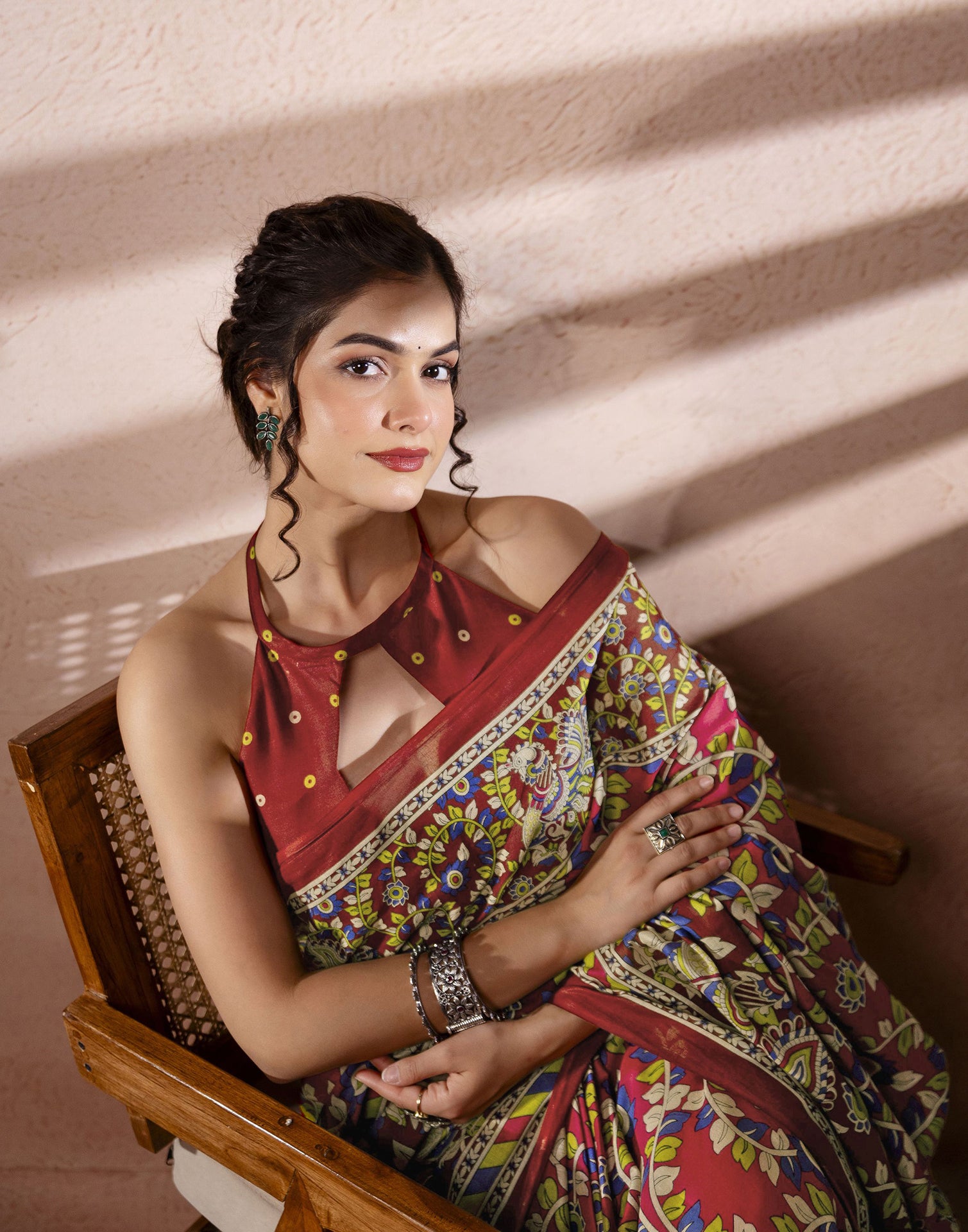 Dark Pink Cotton Printed Kalamkari Saree