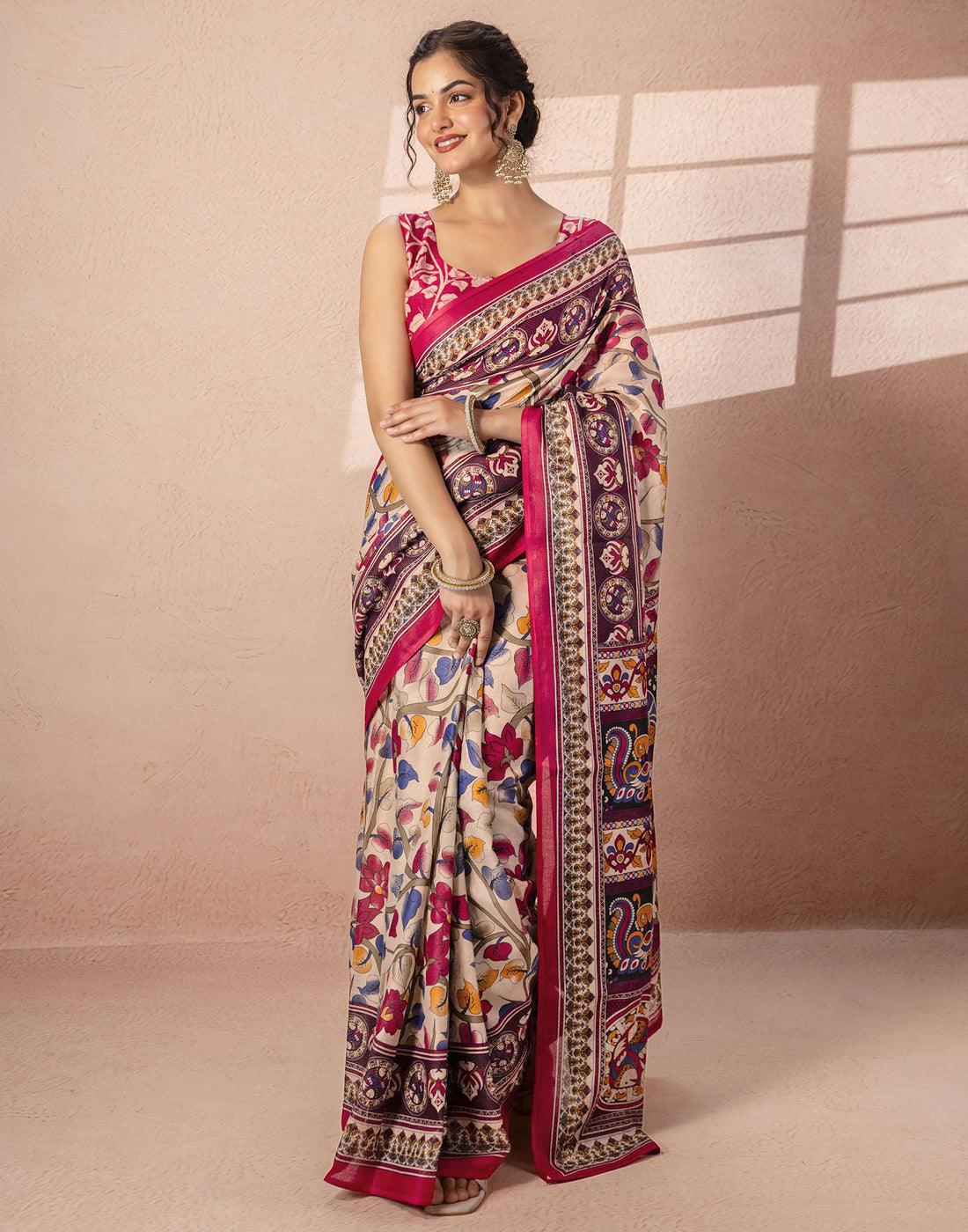 Beige Cotton Printed Kalamkari Saree