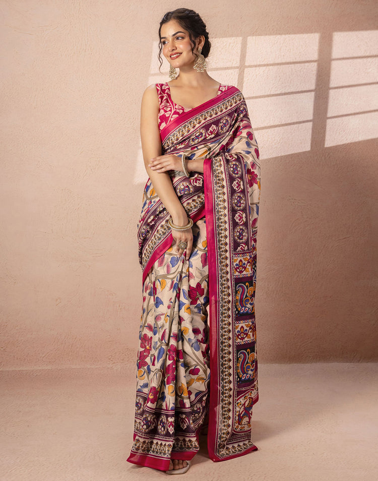 Beige Cotton Printed Kalamkari Saree