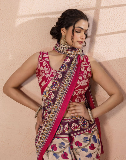 Beige Cotton Printed Kalamkari Saree