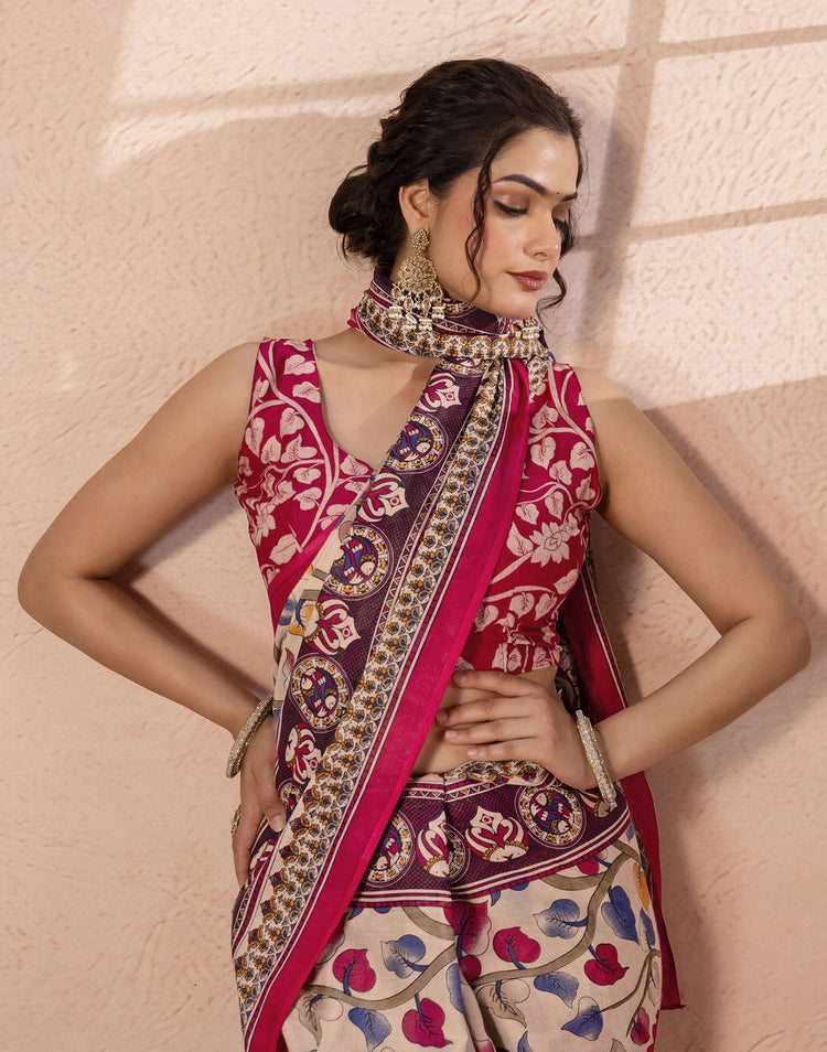 Beige Cotton Printed Kalamkari Saree
