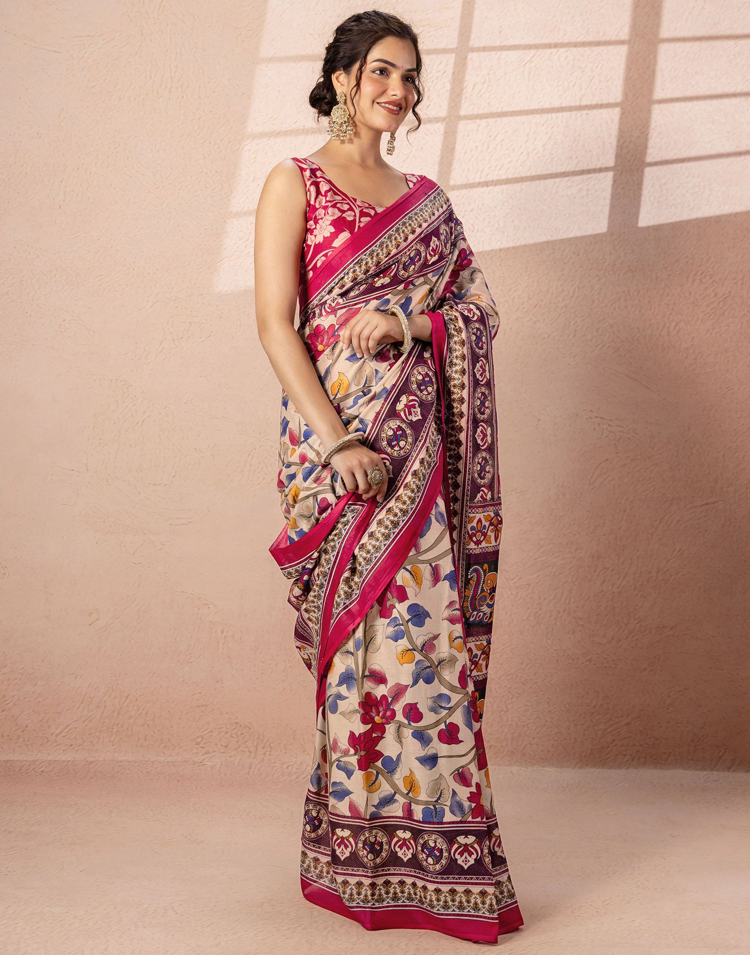 Beige Cotton Printed Kalamkari Saree