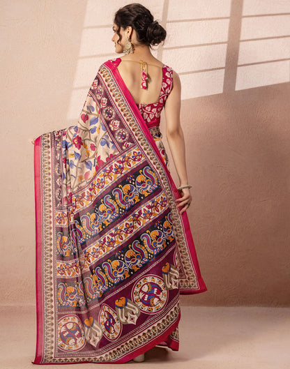 Beige Cotton Printed Kalamkari Saree