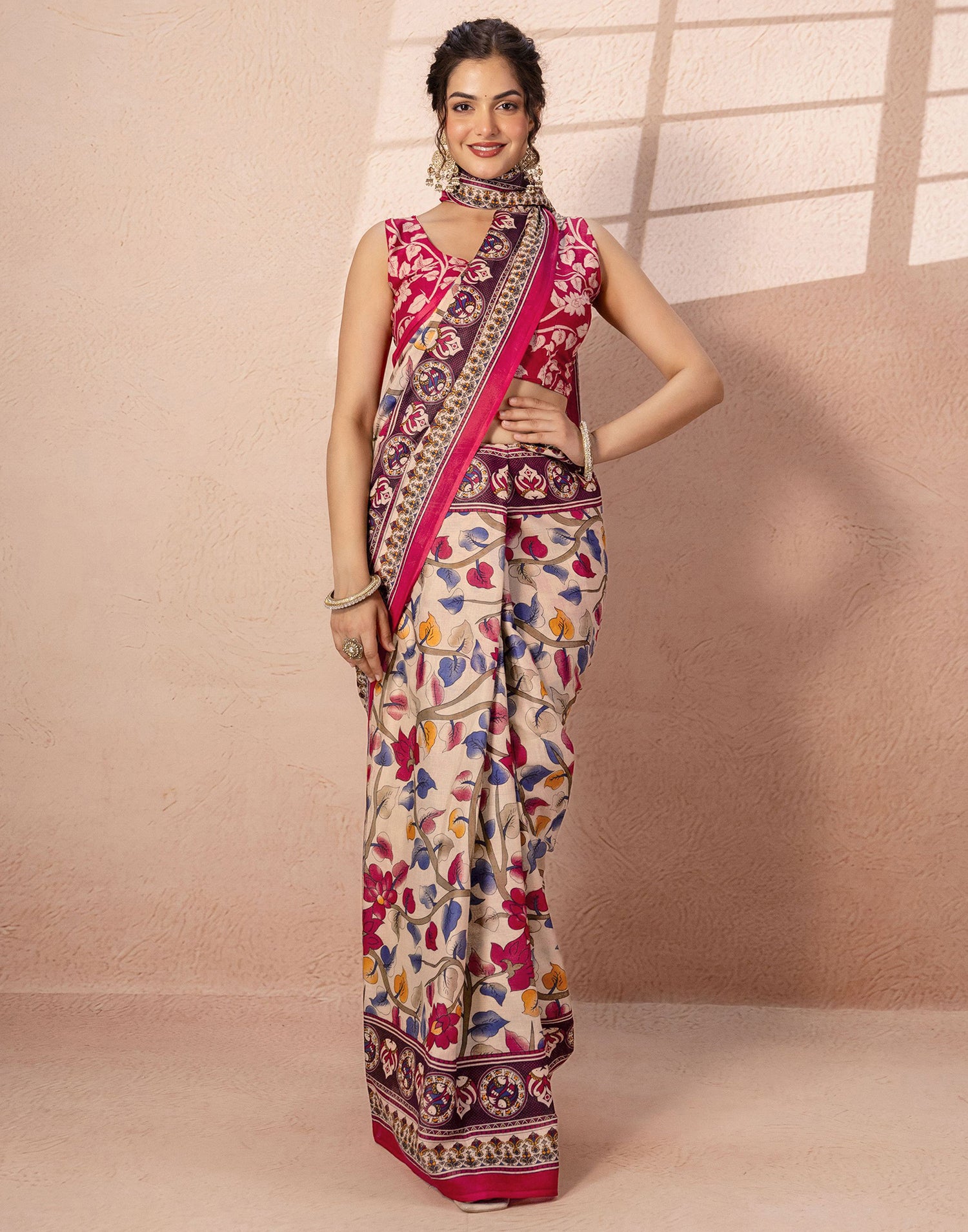 Beige Cotton Printed Kalamkari Saree