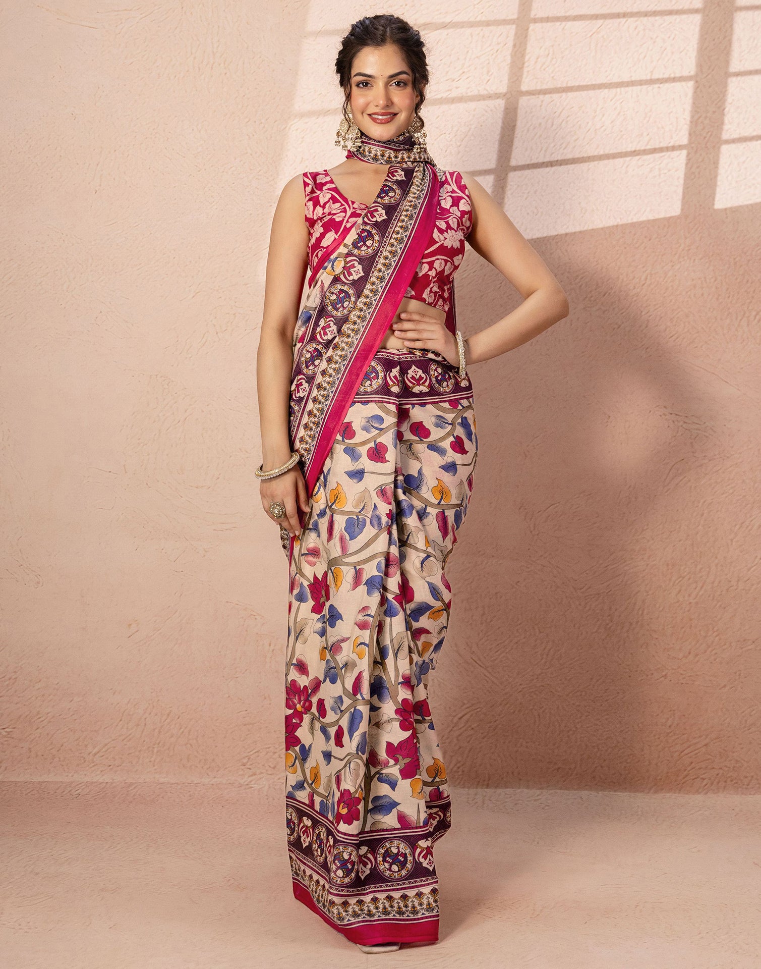 Beige Cotton Printed Kalamkari Saree