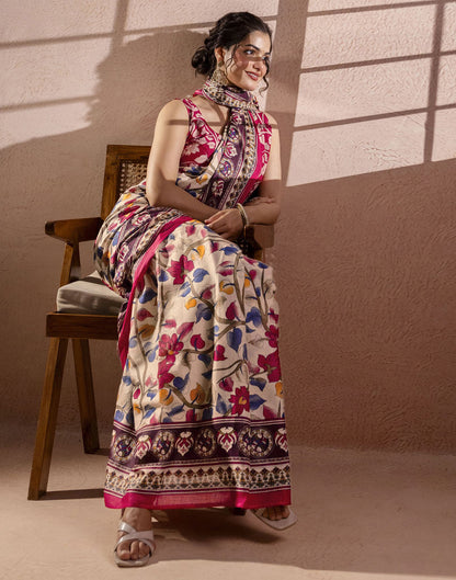 Beige Cotton Printed Kalamkari Saree