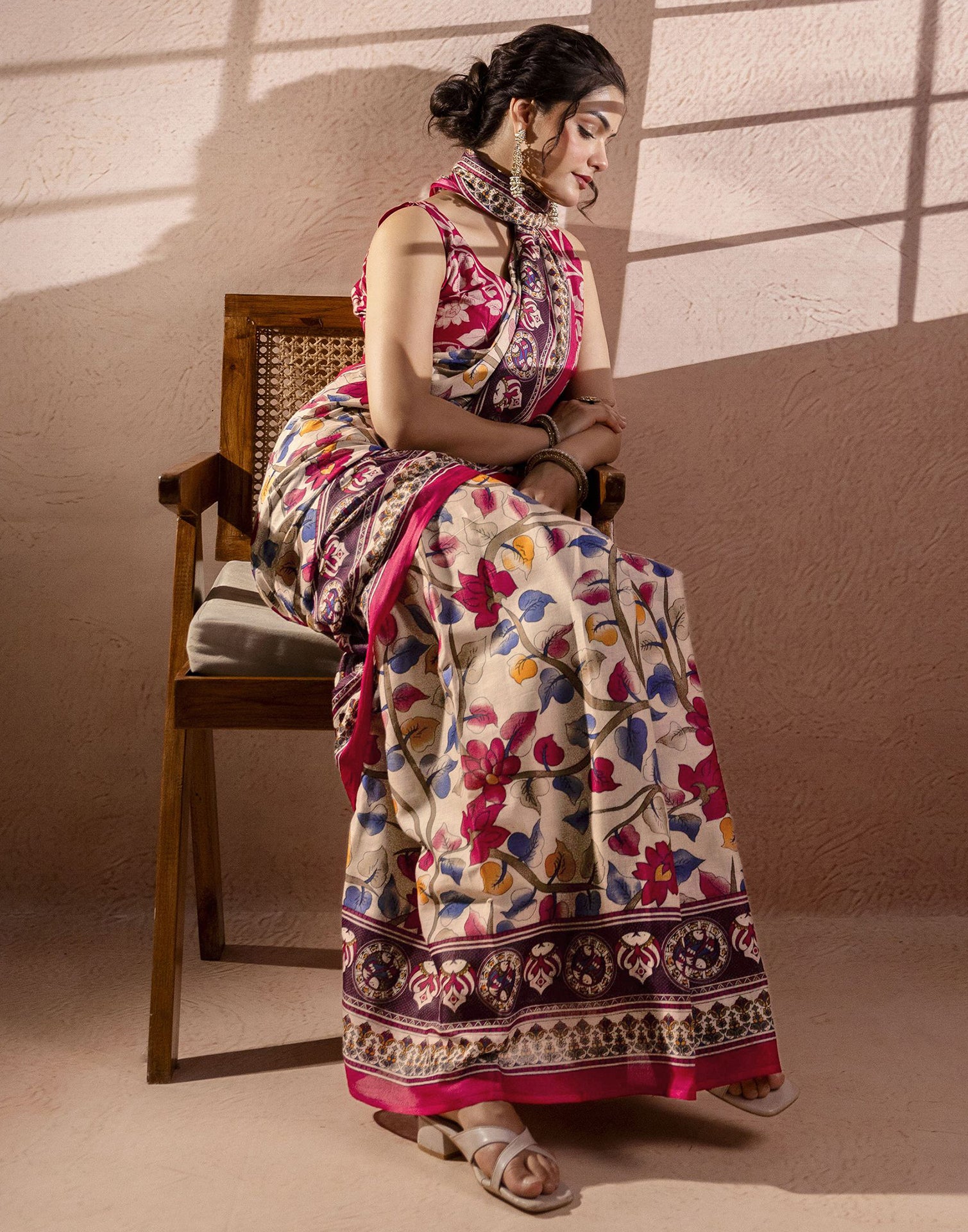 Beige Cotton Printed Kalamkari Saree