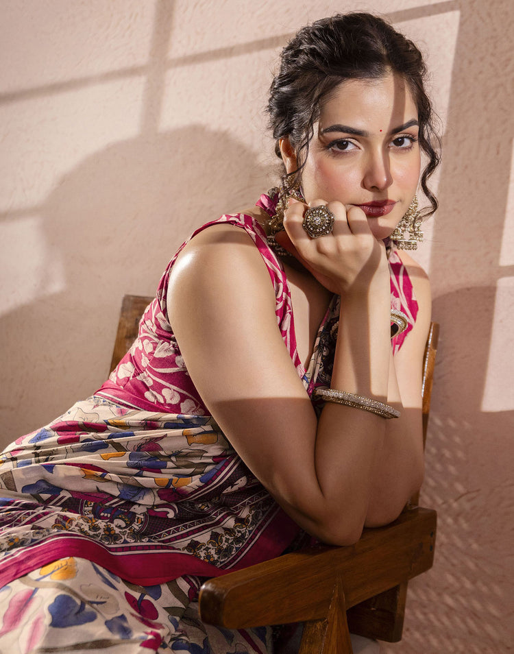 Beige Cotton Printed Kalamkari Saree
