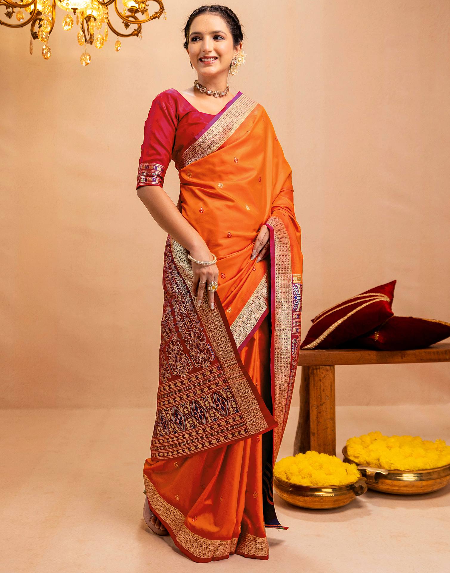 Orange Silk Woven Banarasi Saree