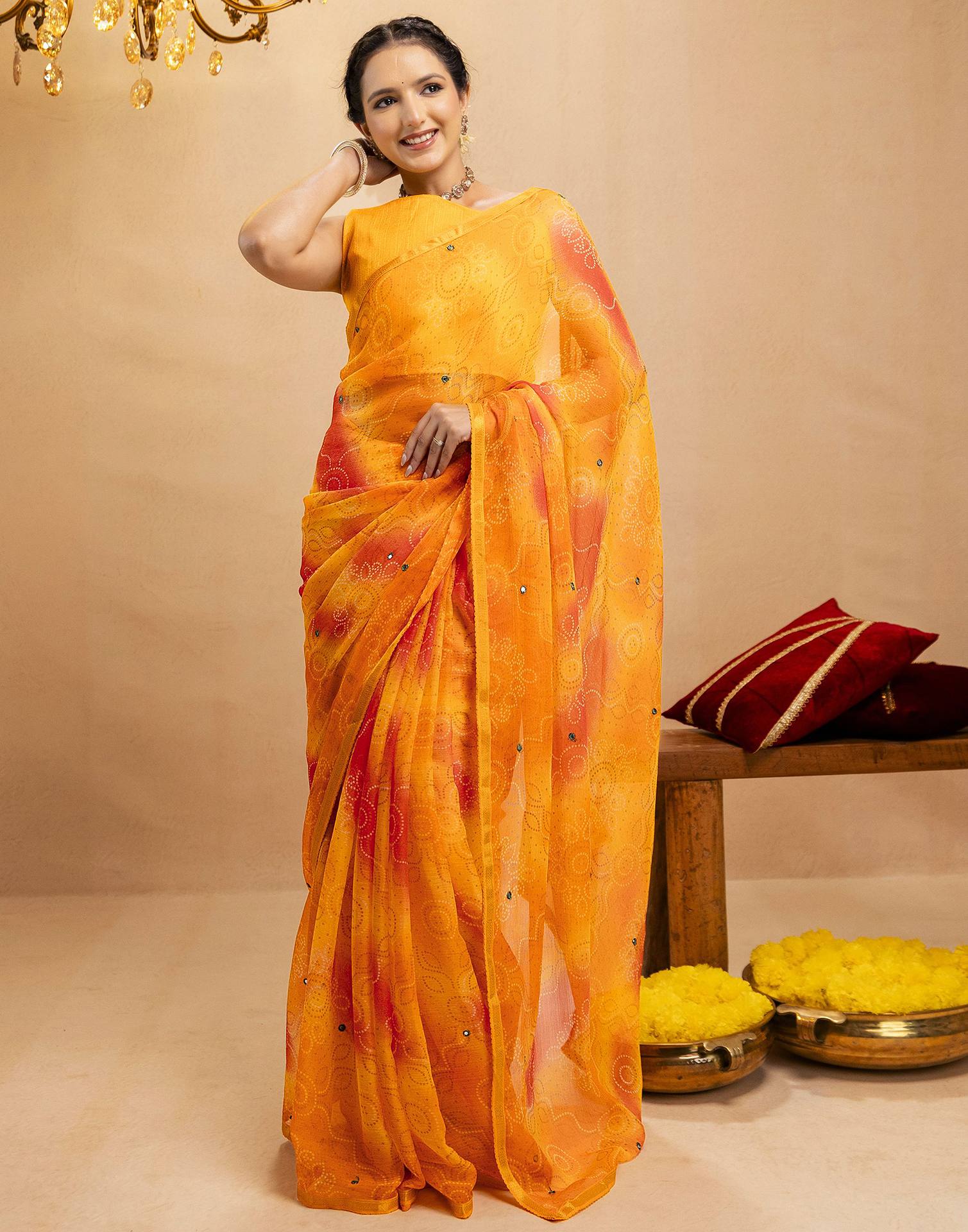 Yellow Chiffon Mirror Work Bandhani Printed Saree