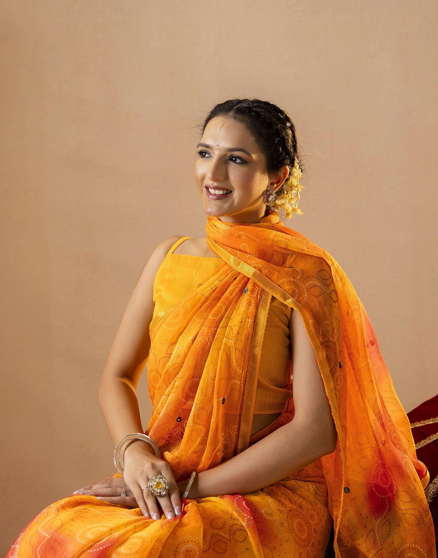 Yellow Chiffon Mirror Work Bandhani Printed Saree