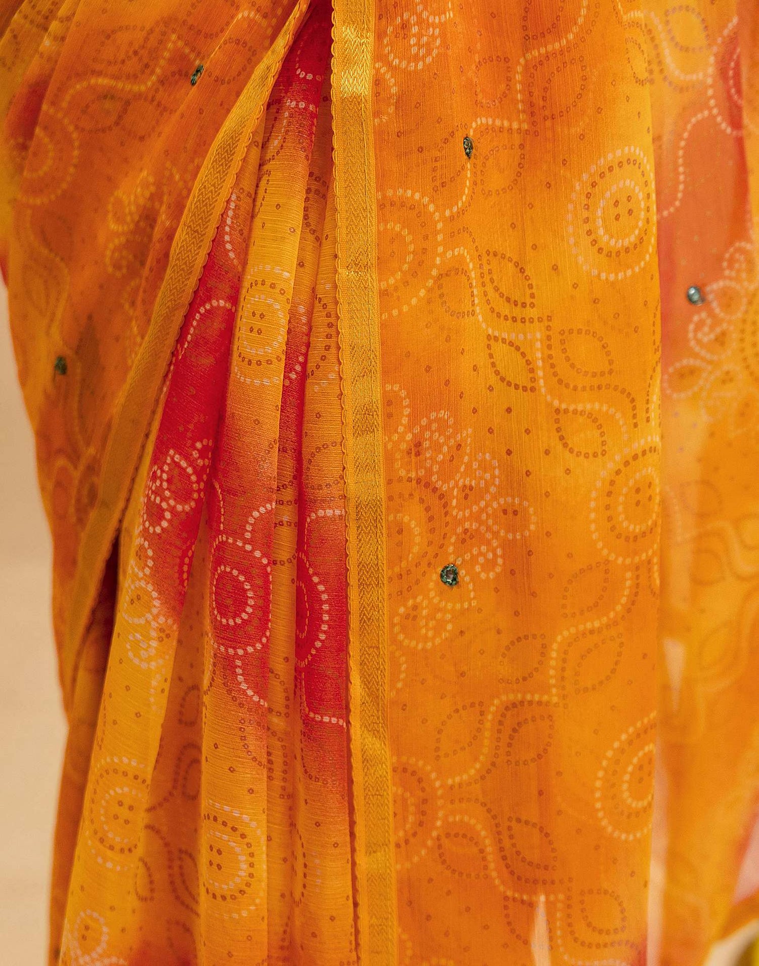 Yellow Chiffon Mirror Work Bandhani Printed Saree