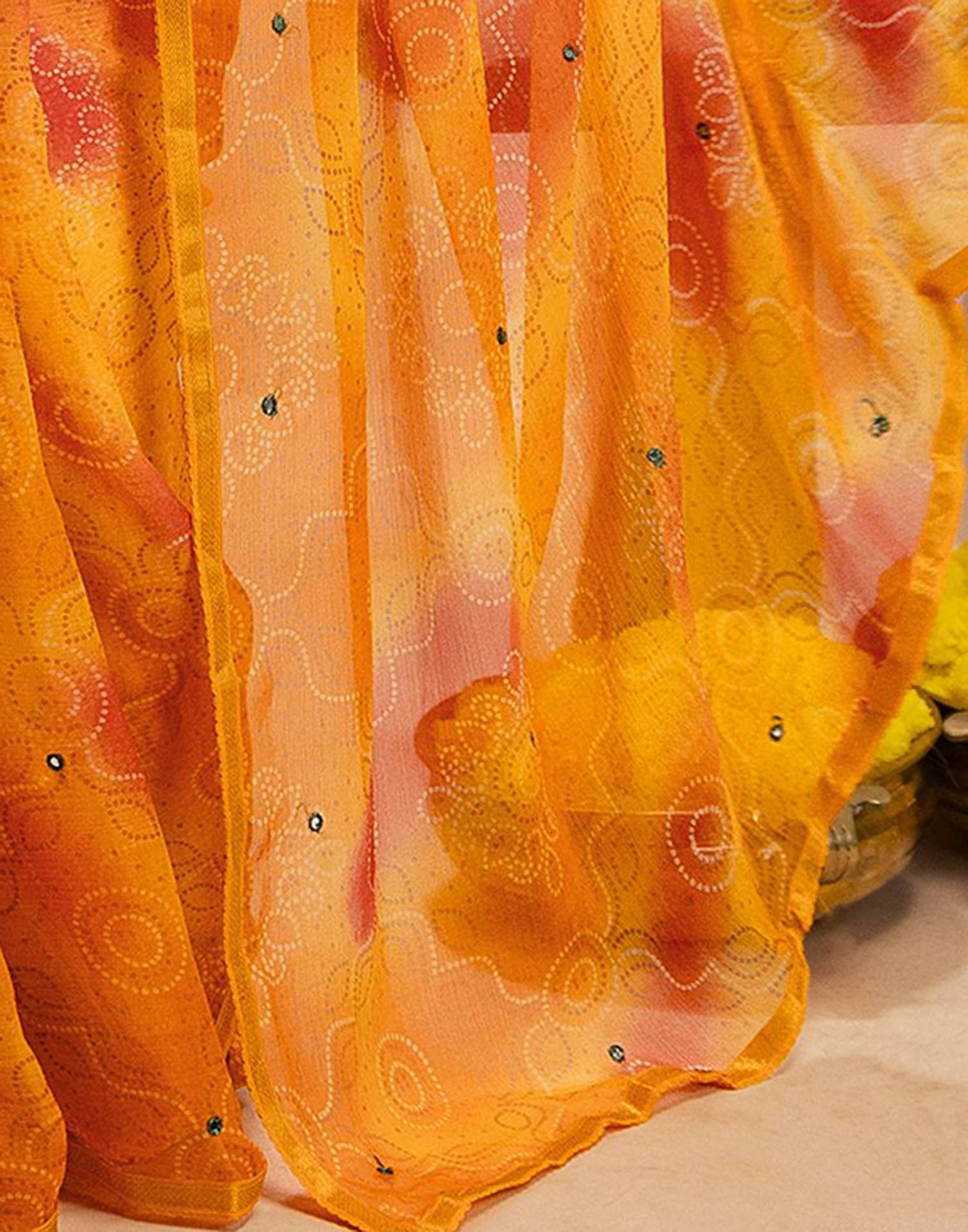 Yellow Chiffon Mirror Work Bandhani Printed Saree