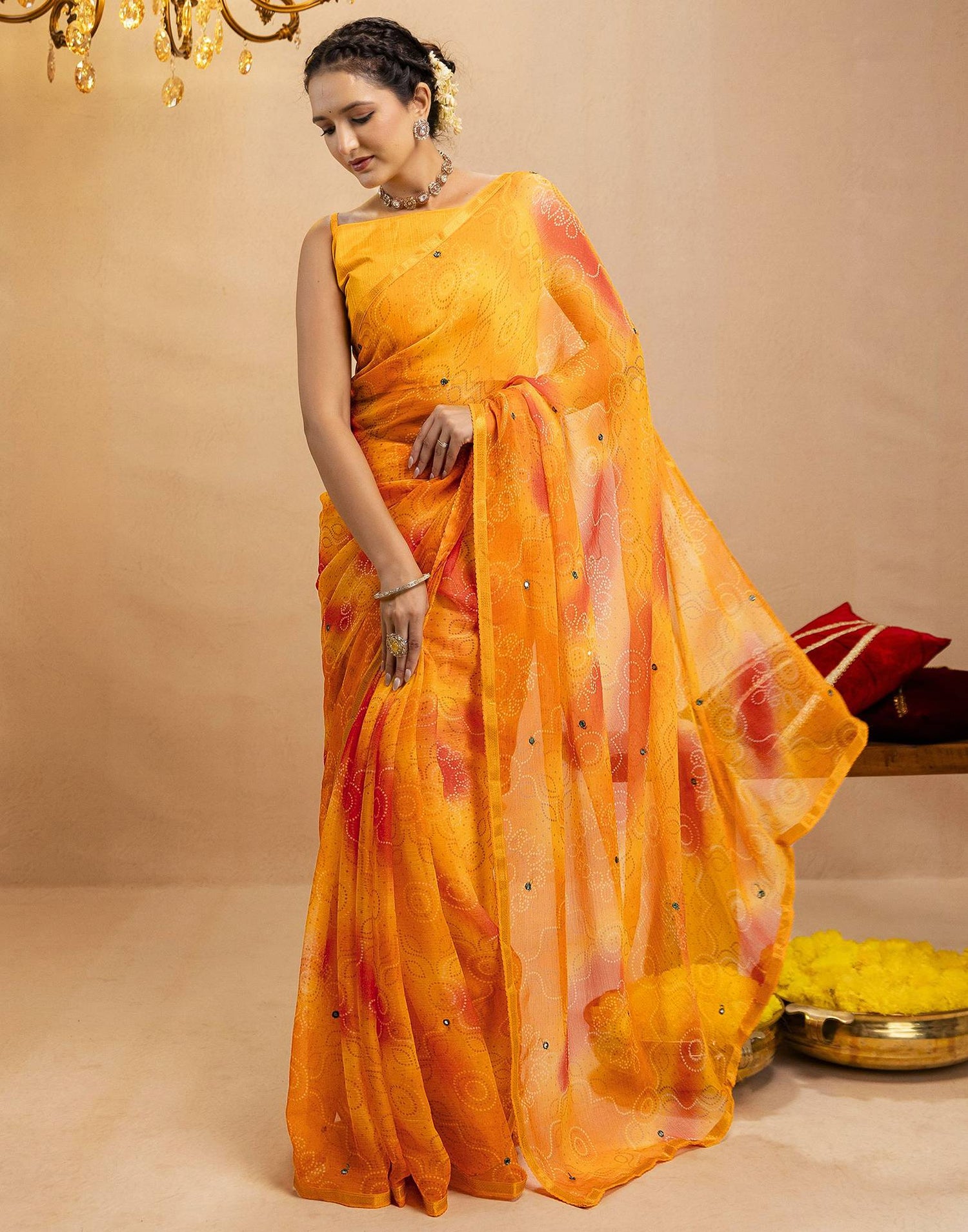 Yellow Chiffon Mirror Work Bandhani Printed Saree
