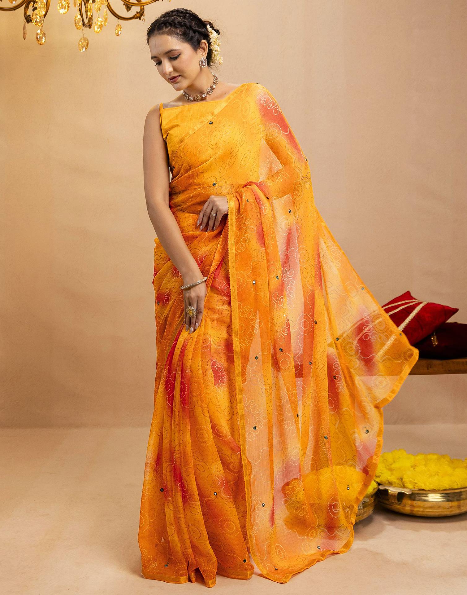 Yellow Chiffon Mirror Work Bandhani Printed Saree