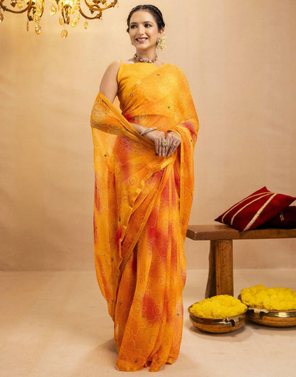 Yellow Chiffon Mirror Work Bandhani Printed Saree