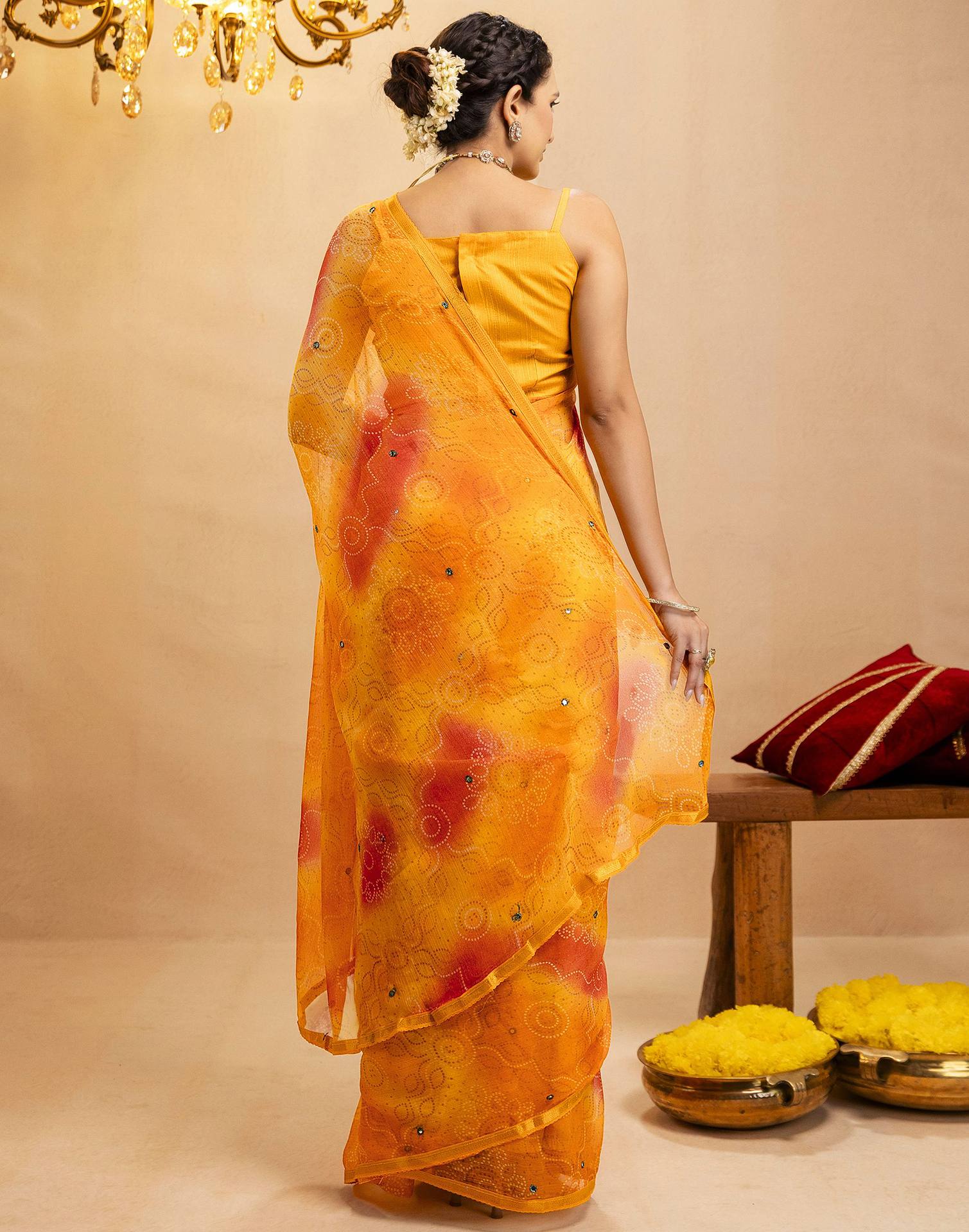 Yellow Chiffon Mirror Work Bandhani Printed Saree